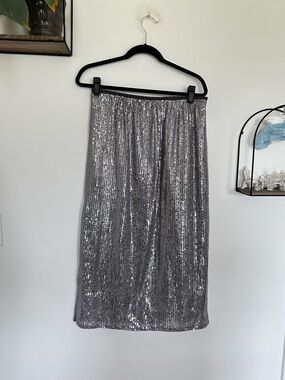 NWT‎ Le Soir Molly Bracken Alaya Silver Gray Sequin Long Skirt Size Large